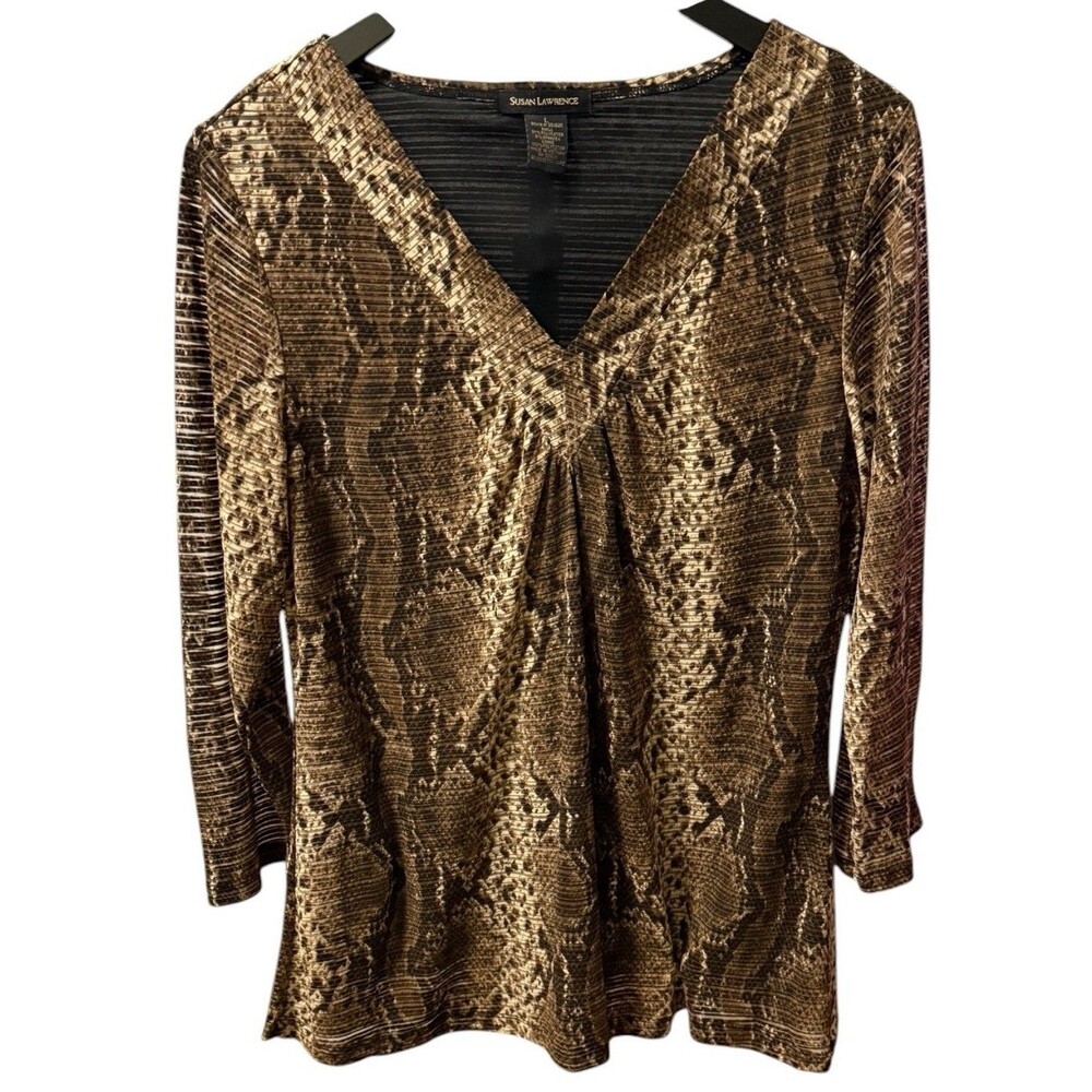 Susan Lawrence L Snakeskin V-Neck Tunic Top 3/4 Sleeve Animal Print Blouse